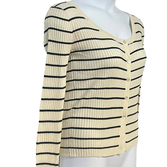 Zara Size L Knit Cardigan Beige Black Stripes Scoop Neck Button Front Fitted - Picture 2 of 10
